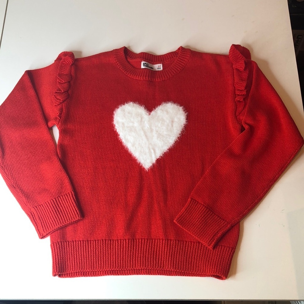 NWOT EPIC THREADS Red Heart Sweater with Ruffle Sleeves Girls size 6X New